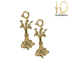 Pendientes de bailarina de flamenco 3D de plata de ley de 27 mm (chapados en oro blanco o amarillo)