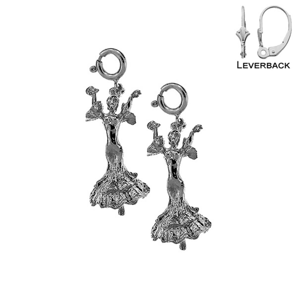 Sterling Silver 27mm 3D Flamenco Dancer Earrings (White or Yellow Gold Plated)