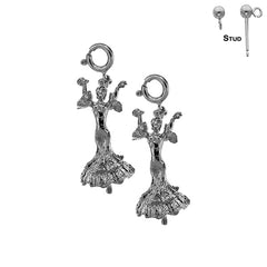 Sterling Silver 27mm 3D Flamenco Dancer Earrings (White or Yellow Gold Plated)