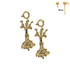 Pendientes de bailarina de flamenco 3D de plata de ley de 27 mm (chapados en oro blanco o amarillo)