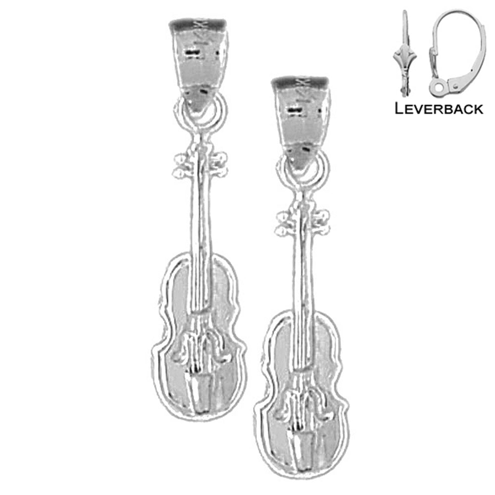 Sterling Silver 27mm Violin, Viola Earrings (White or Yellow Gold Plated)