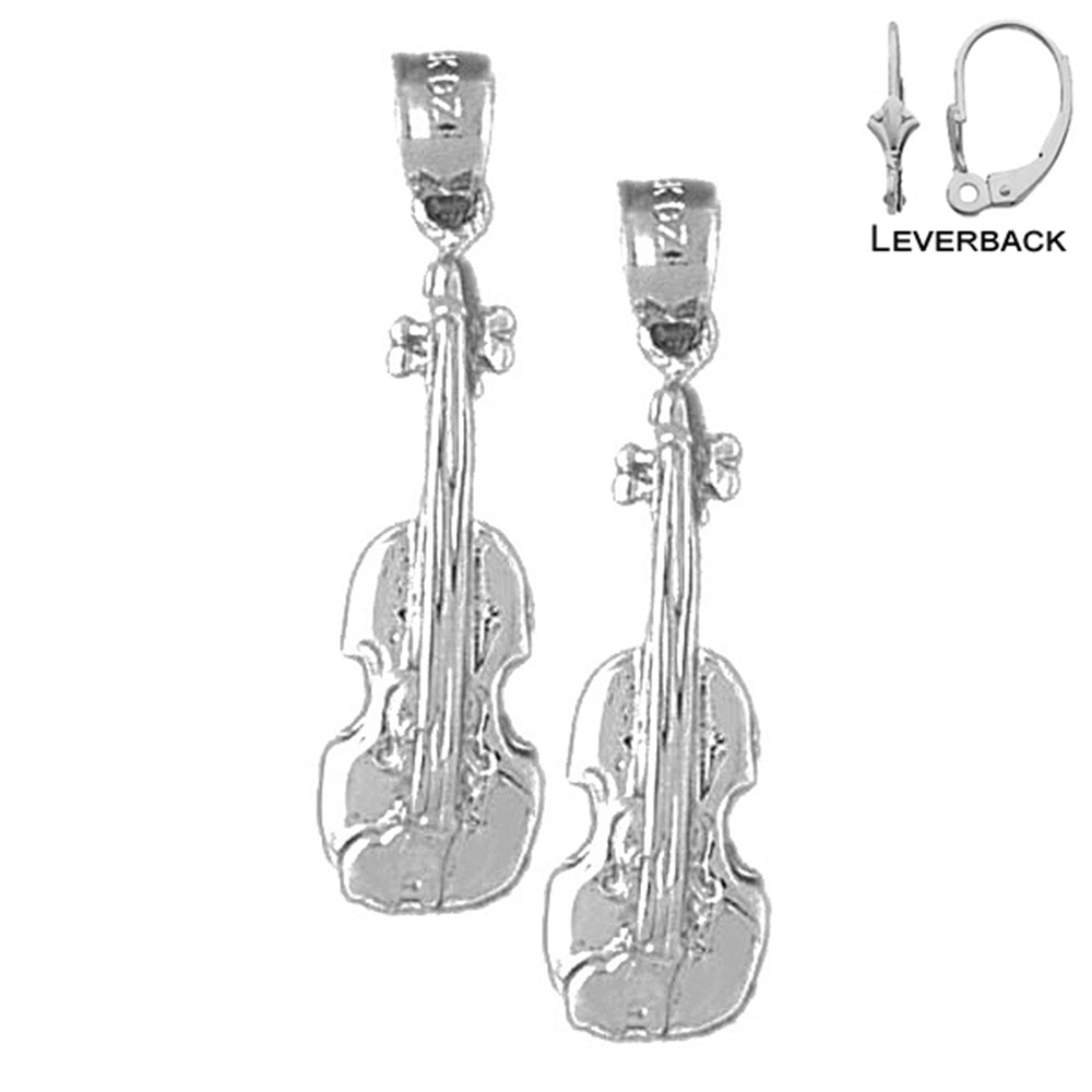 Sterling Silver 31mm Violin, Viola Earrings (White or Yellow Gold Plated)