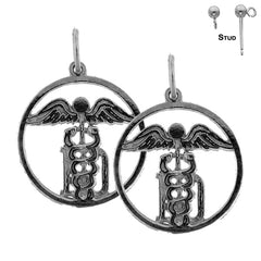 Sterling Silver 21mm M.D. Caduceus Earrings (White or Yellow Gold Plated)