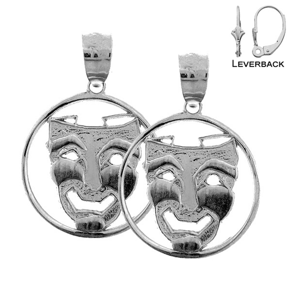 Sterling Silver 20mm Drama Mask, Laugh Now Earrings (White or Yellow Gold Plated)