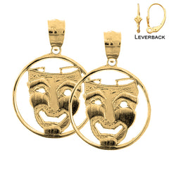 Sterling Silver 20mm Drama Mask, Laugh Now Earrings (White or Yellow Gold Plated)
