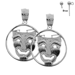 Sterling Silver 20mm Drama Mask, Laugh Now Earrings (White or Yellow Gold Plated)