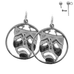 Pendientes con máscara dramática y llanto posterior de plata de ley de 20 mm (chapados en oro blanco o amarillo)