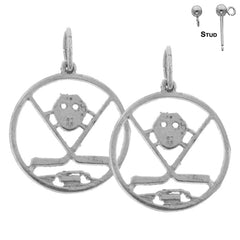 Sterling Silver 21mm Hockey Mask, Sticks, And Puck Earrings (White or Yellow Gold Plated)