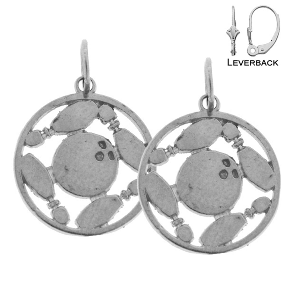 Sterling Silver 20mm Bowling Ball And Pins Earrings (White or Yellow Gold Plated)