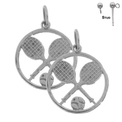 Pendientes de raqueta y pelota de tenis de plata de ley de 20 mm (chapados en oro blanco o amarillo)