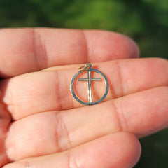 14K or 18K Gold Cross in Circle Pendant