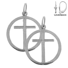 Sterling Silver 21mm Cross in Circle Earrings (White or Yellow Gold Plated)