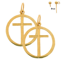 Sterling Silver 21mm Cross in Circle Earrings (White or Yellow Gold Plated)