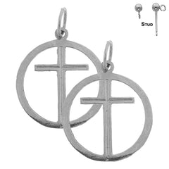 Sterling Silver 21mm Cross in Circle Earrings (White or Yellow Gold Plated)