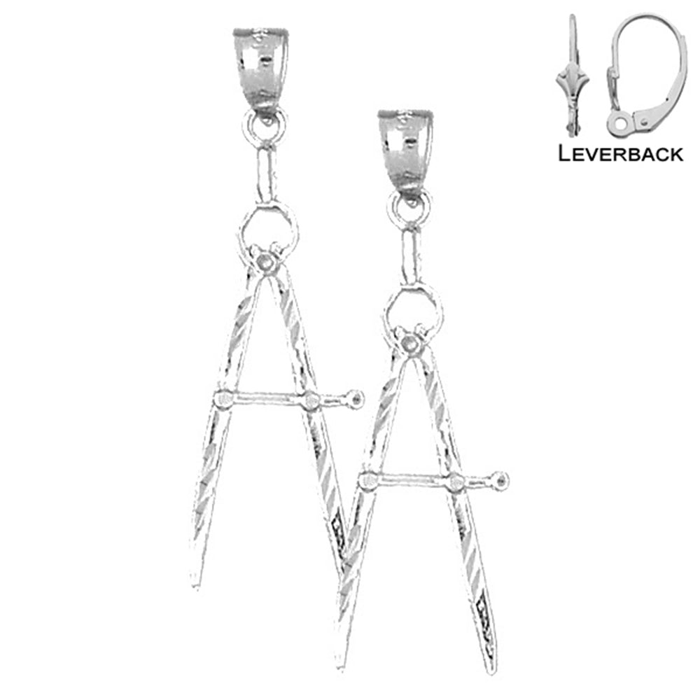 Sterling Silver 38mm Drawing Compass Earrings (White or Yellow Gold Plated)