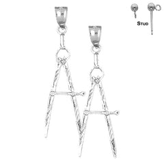 Sterling Silver 38mm Drawing Compass Earrings (White or Yellow Gold Plated)