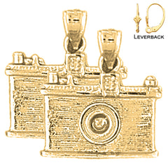 Sterling Silver 18mm 3D Camera Earrings (White or Yellow Gold Plated)