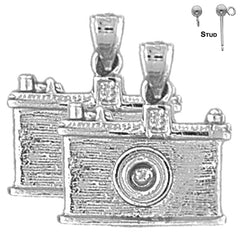 Sterling Silver 18mm 3D Camera Earrings (White or Yellow Gold Plated)