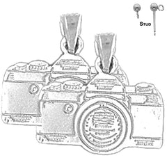 Sterling Silver 17mm 3D Camera Earrings (White or Yellow Gold Plated)