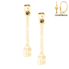 Sterling Silver 29mm 3D Broom Earrings (White or Yellow Gold Plated)