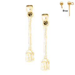 Sterling Silver 29mm 3D Broom Earrings (White or Yellow Gold Plated)