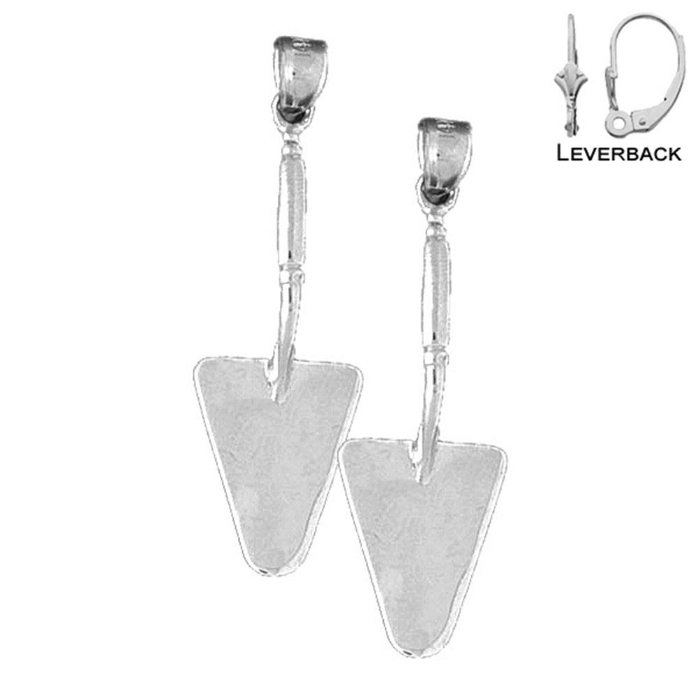 Sterling Silver 39mm 3D Shovel Earrings (White or Yellow Gold Plated)