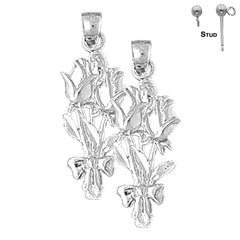 Sterling Silver 29mm Rose Flower Earrings (White or Yellow Gold Plated)