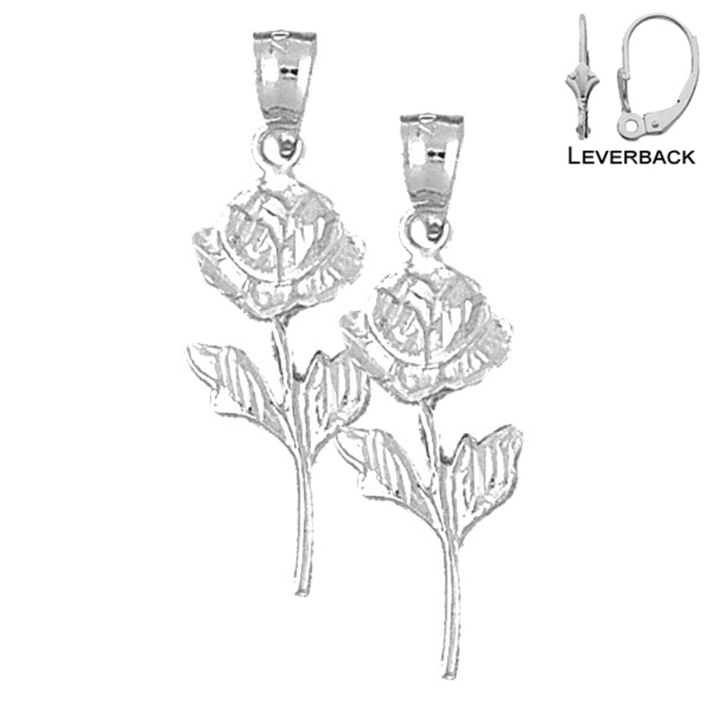 Sterling Silver 32mm Rose Flower Earrings (White or Yellow Gold Plated)