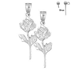 Sterling Silver 32mm Rose Flower Earrings (White or Yellow Gold Plated)