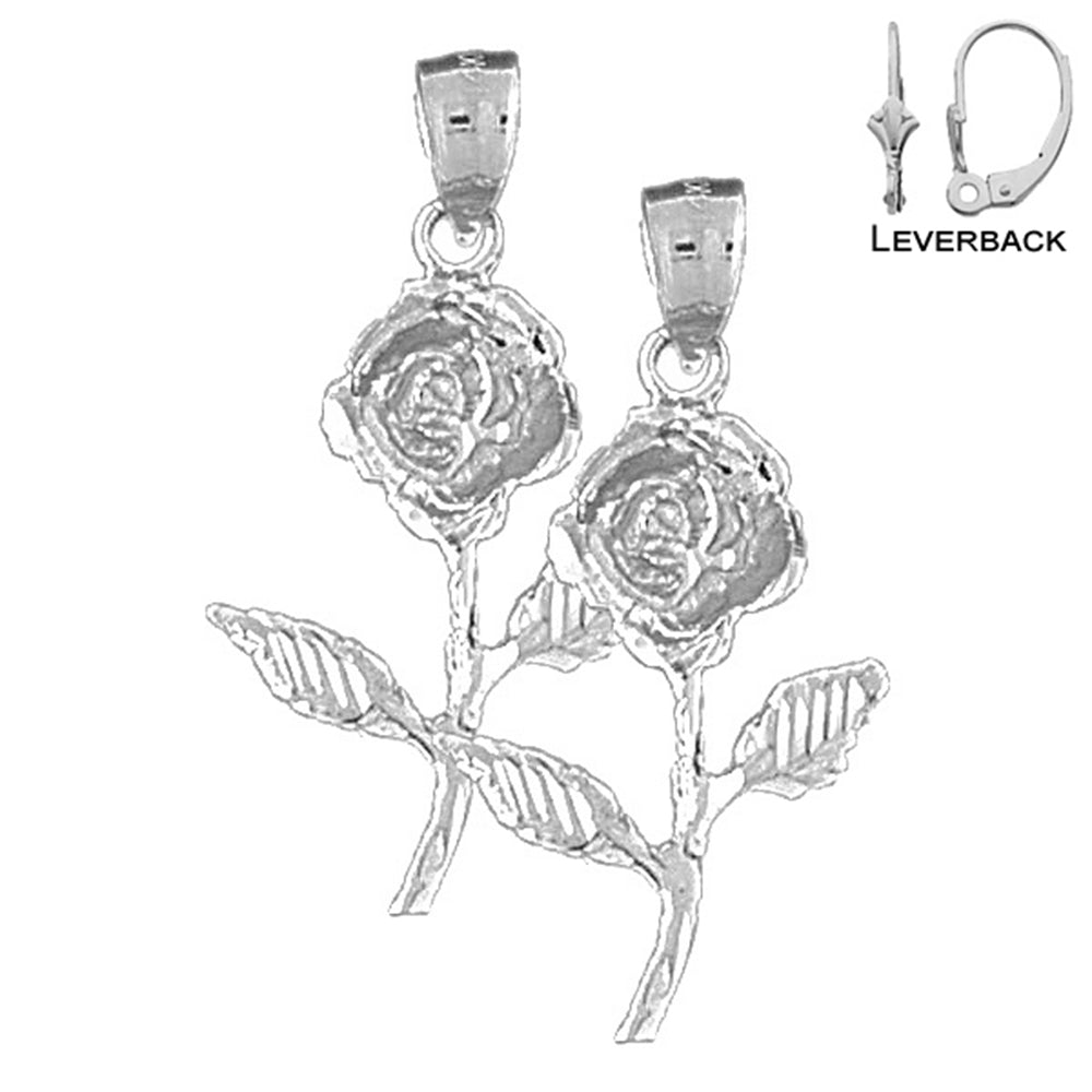 Sterling Silver 31mm Rose Flower Earrings (White or Yellow Gold Plated)