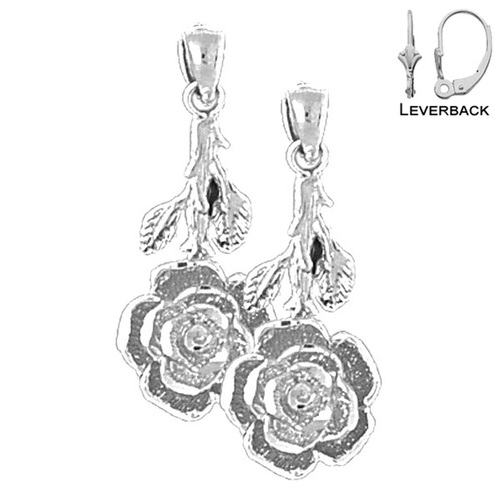 Sterling Silver 27mm Rose Flower Earrings (White or Yellow Gold Plated)