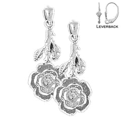 Sterling Silver 27mm Rose Flower Earrings (White or Yellow Gold Plated)