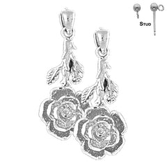 Sterling Silver 27mm Rose Flower Earrings (White or Yellow Gold Plated)