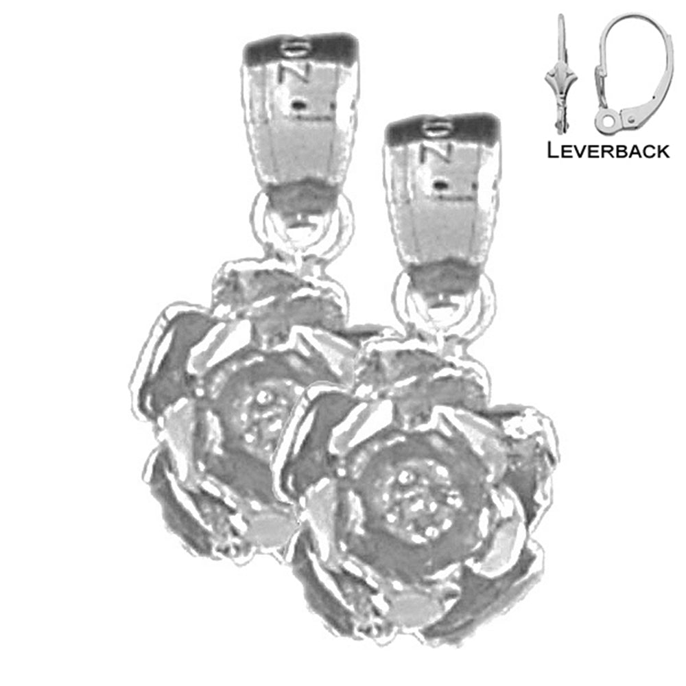 Sterling Silver 16mm Rose Flower Earrings (White or Yellow Gold Plated)