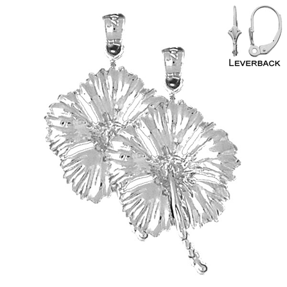 Sterling Silver 33mm Hibiscus Flower Earrings (White or Yellow Gold Plated)