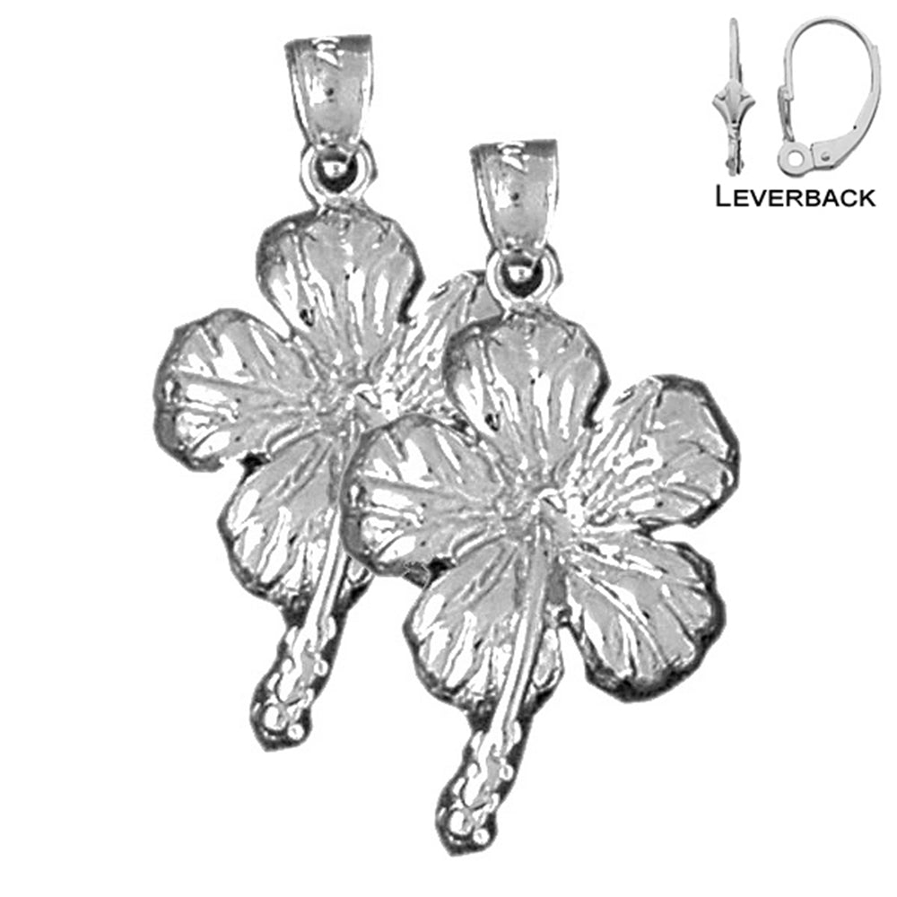 Pendientes de plata de ley con flor de hibisco de 28 mm (chapados en oro blanco o amarillo)