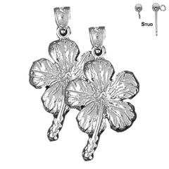 Sterling Silver 28mm Hibiscus Flower Earrings (White or Yellow Gold Plated)