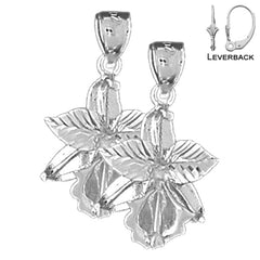 Sterling Silver 24mm Orchid Flower Earrings (White or Yellow Gold Plated)