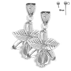 Sterling Silver 24mm Orchid Flower Earrings (White or Yellow Gold Plated)