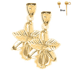 Sterling Silver 24mm Orchid Flower Earrings (White or Yellow Gold Plated)