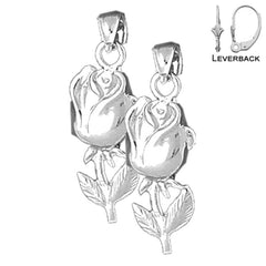 Pendientes de flores de plata de ley de 28 mm (chapados en oro blanco o amarillo)