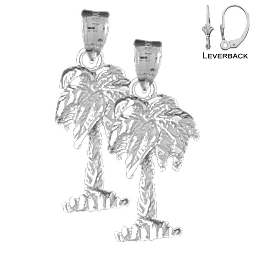 Sterling Silver 27mm Palm Tree Earrings (White or Yellow Gold Plated)