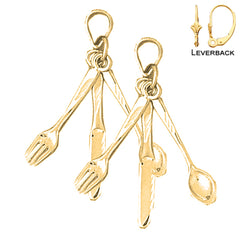 Sterling Silver 36mm 3D Utensil Set, Fork, Knife, And Spoon Earrings (White or Yellow Gold Plated)
