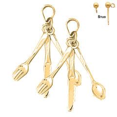 Sterling Silver 36mm 3D Utensil Set, Fork, Knife, And Spoon Earrings (White or Yellow Gold Plated)