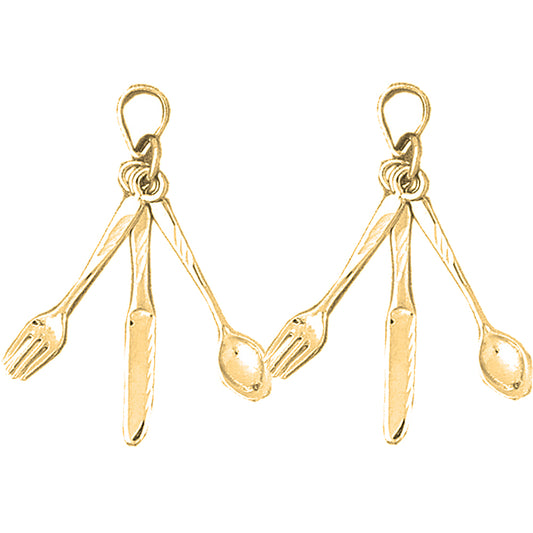 Yellow Gold-plated Silver 36mm 3D Utensil Set, Fork, Knife, And Spoon Earrings