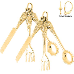 Sterling Silver 42mm Utensil Set, Knife, Fork, And Spoon Earrings (White or Yellow Gold Plated)