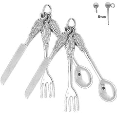 Sterling Silver 42mm Utensil Set, Knife, Fork, And Spoon Earrings (White or Yellow Gold Plated)