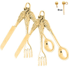 Sterling Silver 42mm Utensil Set, Knife, Fork, And Spoon Earrings (White or Yellow Gold Plated)