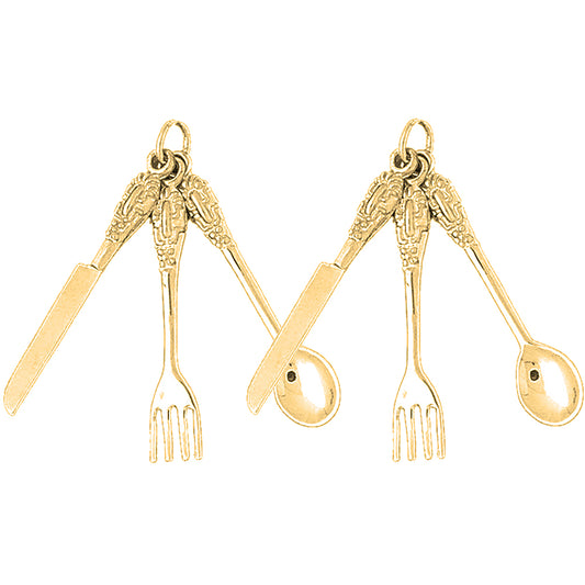 Yellow Gold-plated Silver 42mm Utensil Set, Knife, Fork, And Spoon Earrings