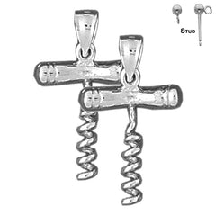 Sterling Silver 27mm 3D Cork Screw Earrings (White or Yellow Gold Plated)